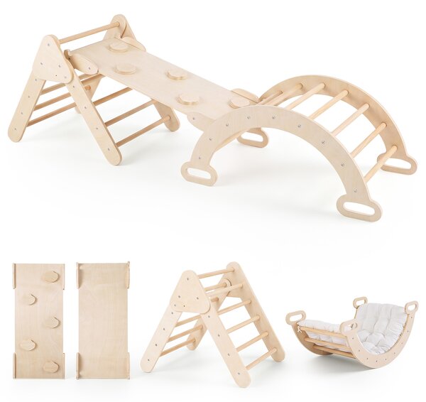Costway Giocattoli montessori da arrampicata con scala a triangolo pieghevole arco con cuscino rimovibile, Arrampicata in legno per bambini 1+ anni Naturale