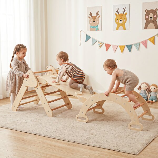 Costway Giocattoli montessori da arrampicata con scala a triangolo pieghevole arco con cuscino rimovibile, Arrampicata in legno per bambini 1+ anni Naturale