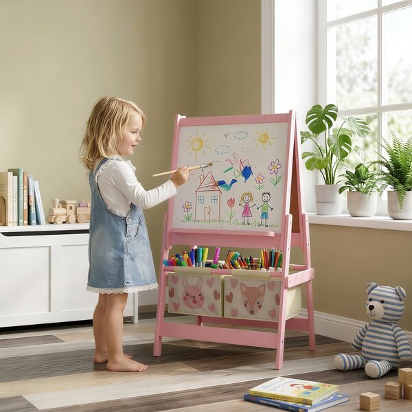 AIYAPLAY Lavagna per Bambini con Cavalletto 3 in 1 e 2 Contenitori, Età 3-8 anni, 54x46.5x93cm, Rosa|Aosom