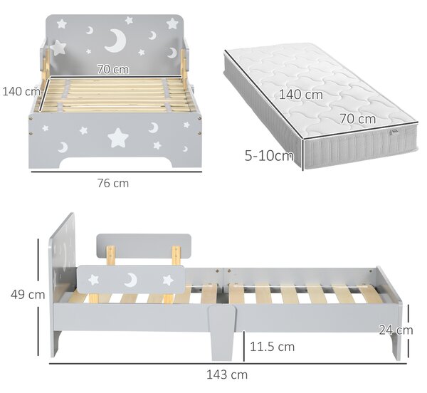 ZONEKIZ Letto per Bambini 3-6 Anni con Motivi a Stelle e Luna in Pannelli di MDF e Truciolato, 143x76x49 cm, Grigio e color Legno|Aosom