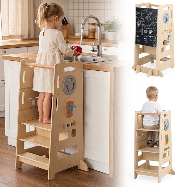 Costway 4 in 1 torre montessoriana per bambini con altezza regolabile con lavagna e giochi educativi, Torretta di apprendimento per cucina e bagno