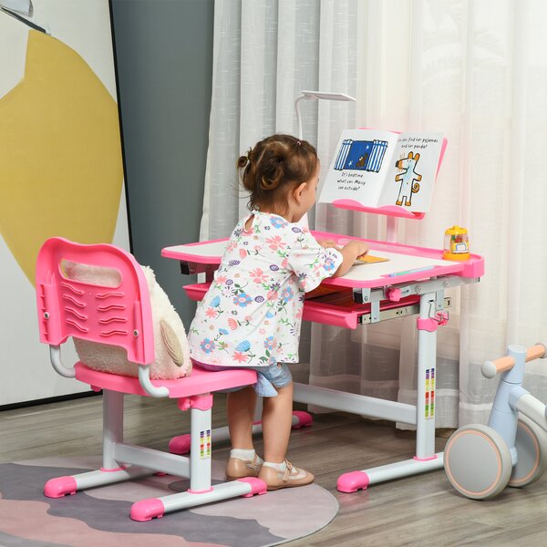 HOMCOM Banco Scuola con Sedia per Bambini 6-12 Anni con Altezza Regolabile, Piano Inclinabile a 45° e Lampada LED, in Acciaio e MDF, Rosa|Aosom