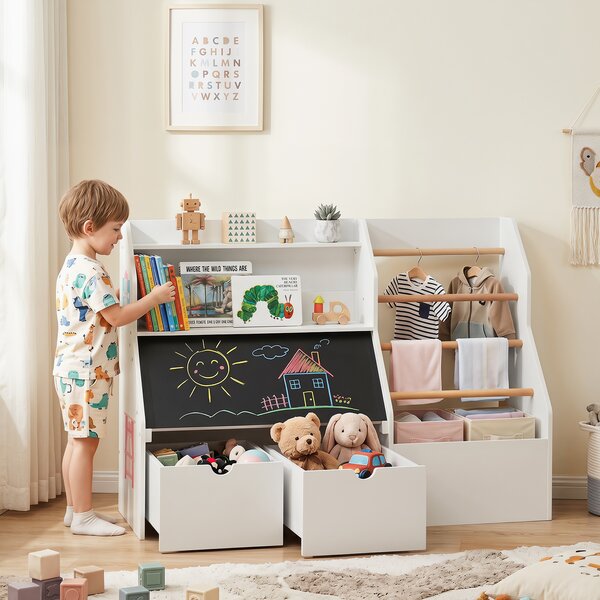 Costway Scaffale per giocattoli con lavagna ribaltabile cassetti su ruote aste appendiabiti 2 ripiani aperti, Libreria per bambini 3+ anni per cameretta