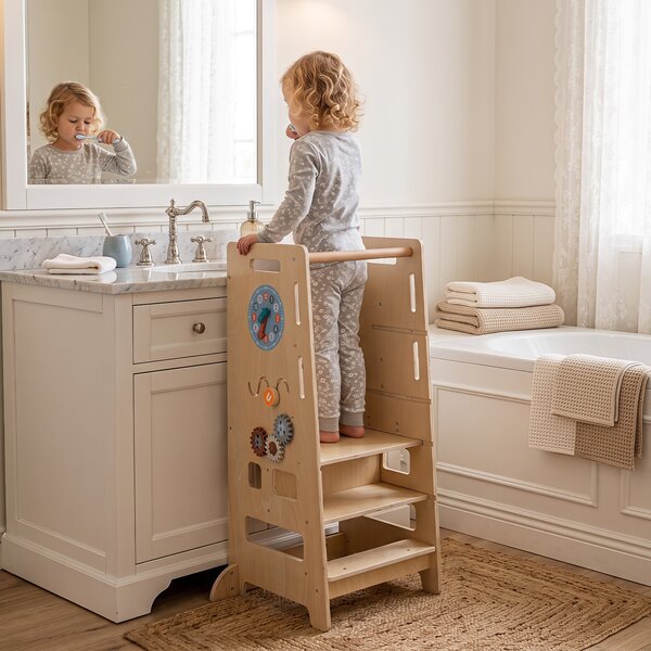 Costway 4 in 1 torre montessoriana per bambini con altezza regolabile con lavagna e giochi educativi, Torretta di apprendimento per cucina e bagno