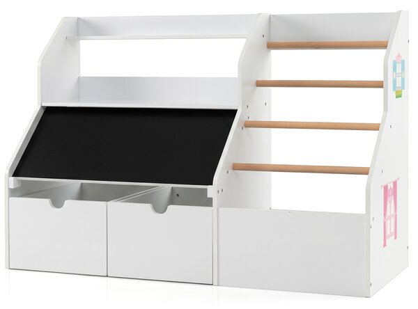 Costway Scaffale per giocattoli con lavagna ribaltabile cassetti su ruote aste appendiabiti 2 ripiani aperti, Libreria per bambini 3+ anni per cameretta