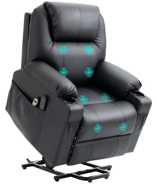 HOMCOM Poltrona Alzapersona Reclinabile max 135° con 8 Punti Massaggianti e Poggiapiedi, 88x92x106 cm, Nero|Aosom