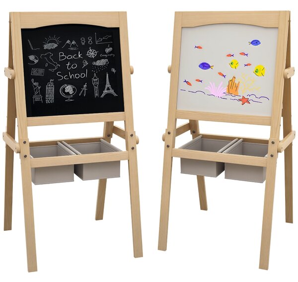 AIYAPLAY Lavagna per Bambini con Cavalletto 3 in 1 e Cestini, Età 3-6 anni, 58x50.5x109cm, Color legno|Aosom