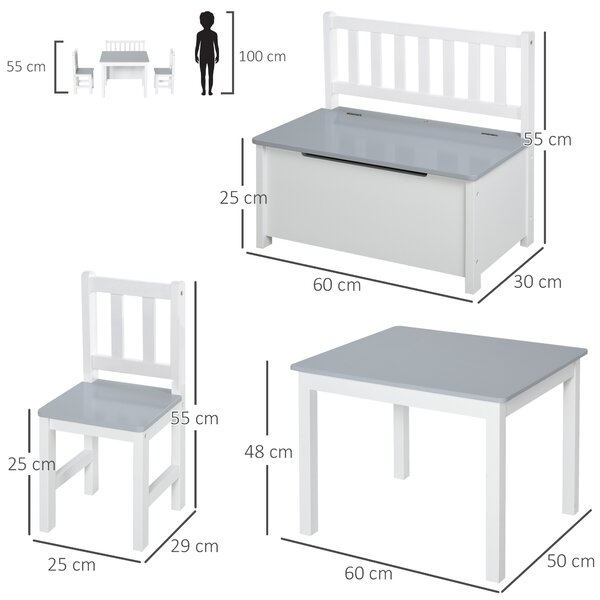 HOMCOM Set con Tavolo per Bambini con contenitore, 2 Sedie e Cassapanca, Legno, Spazio Creativo in Cameretta, Bianco e Grigio|Aosom Italy