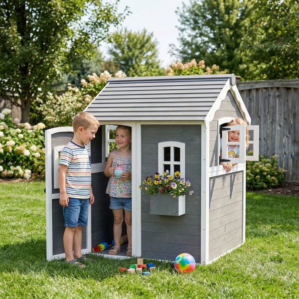 Outsunny Casetta per Bambini 3-8 Anni con 6 Finestre e Fioriera, in Legno di Abete, 104.5x110x137 cm, Grigia|Aosom