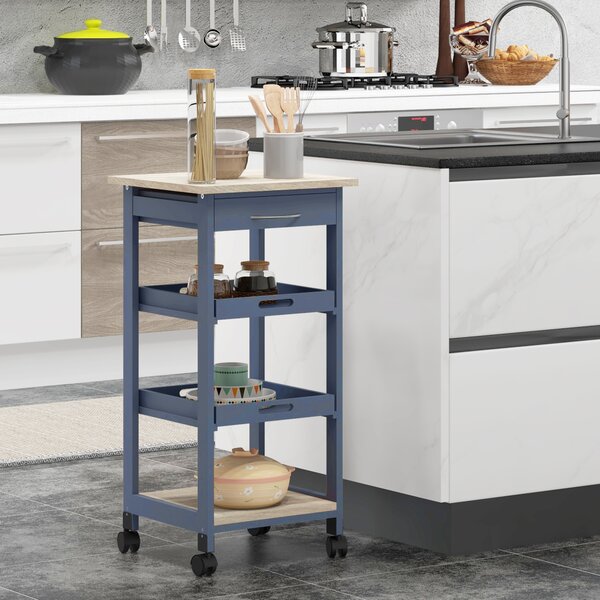 HOMCOM Carrello da Cucina con Cassetto, 2 Vassoi Estraibili e Ripiano Fisso, in Legno di Pino e MDF, 37x37x76 cm|Aosom