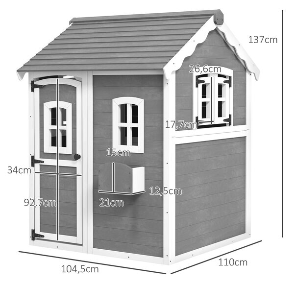 Outsunny Casetta per Bambini 3-8 Anni con 6 Finestre e Fioriera, in Legno di Abete, 104.5x110x137 cm, Grigia|Aosom