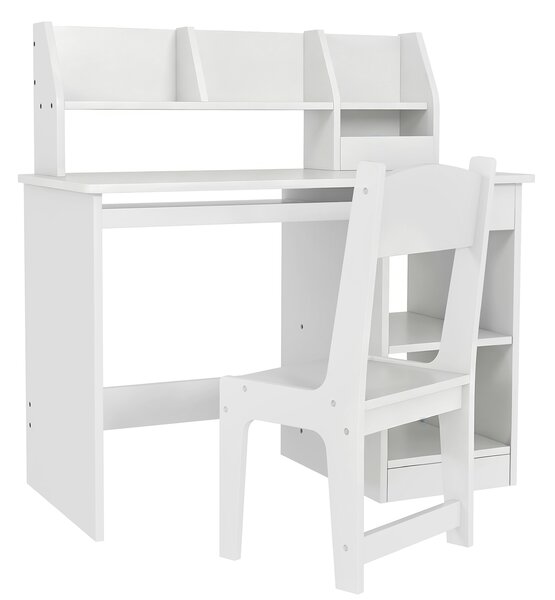 ZONEKIZ Set Tavolo e Sedie per Bambini da 5-8 Anni con Scaffale Integrato e Mensola Estraibile in Legno Bianco per Studio e Gioco|Aosom Italy