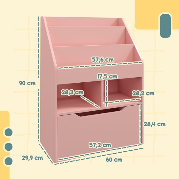 HOMCOM Piccola Libreria per Bambini con Ripiani e Cassetto in MDF, 60x29.9x90cm, Rosa