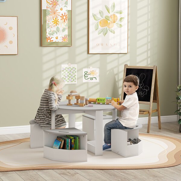 AIYAPLAY Set con Tavolo per Bambini e 4 Sgabelli Salvaspazio con Vano Contenitore in Legno, Grigio