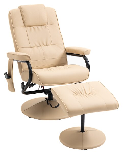 HOMCOM Poltrona Relax con Pouf Poggiapiedi Reclinabile a 145° con 10 Punti Massaggio e Telecomando in Finta Pelle, Crema