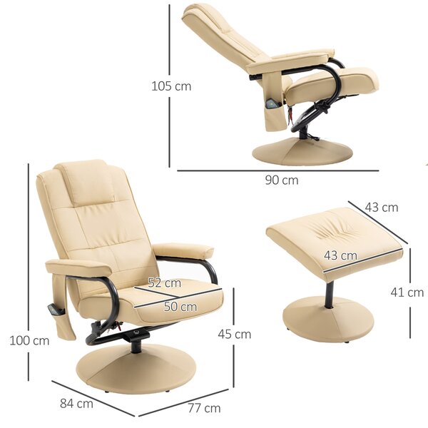 HOMCOM Poltrona Relax con Pouf Poggiapiedi Reclinabile a 145° con 10 Punti Massaggio e Telecomando in Finta Pelle, Crema