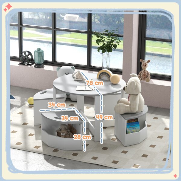 AIYAPLAY Set con Tavolo per Bambini e 4 Sgabelli Salvaspazio con Vano Contenitore in Legno, Grigio