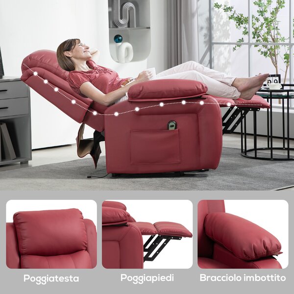 HOMCOM Poltrona con Poggiapiedi e Telecomando Alzapersona Reclinabile da 45° a 160°, Sedia in Pelle PU, 76x90x105 cm, Rosso | Aosom Italy