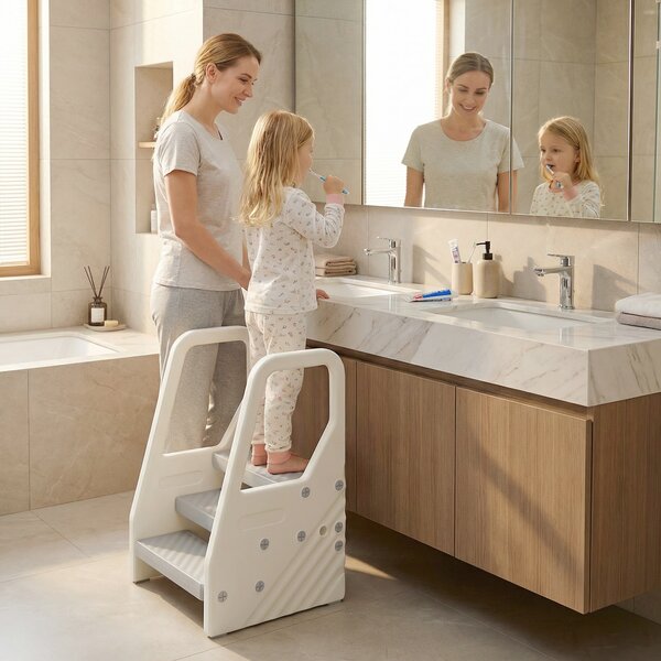 AIYAPLAY Scala Montessori per Bambini 2-5 Anni a 3 Gradini con L'altezza regolabile in HDPE, 43x42x65.5 cm, Grigio e Bianco Crema|Aosom Italy