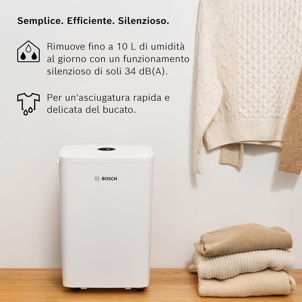 Bosch Deumidificatore Portatile per la casa muffa 10 Litri in 24 Ore Tanica 2.5 Litri con Filtro HEPA 2 in 1 colore Bianco - DRY1000