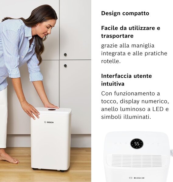 Bosch Deumidificatore Portatile per la casa muffa 10 Litri in 24 Ore Tanica 2.5 Litri con Filtro HEPA 2 in 1 colore Bianco - DRY1000