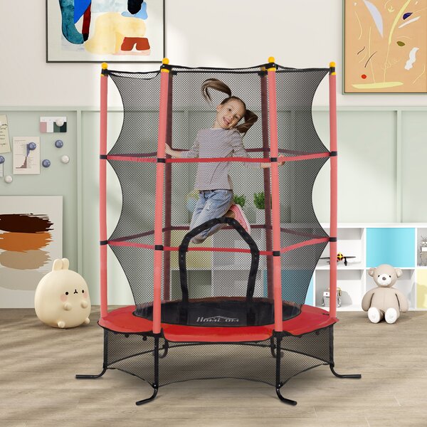 HOMCOM Trampolino Elastico per Bambini Ø1.6x1.9 m con Rete di Sicurezza e Pali Imbottiti, Età 3-10 Anni, Rosso