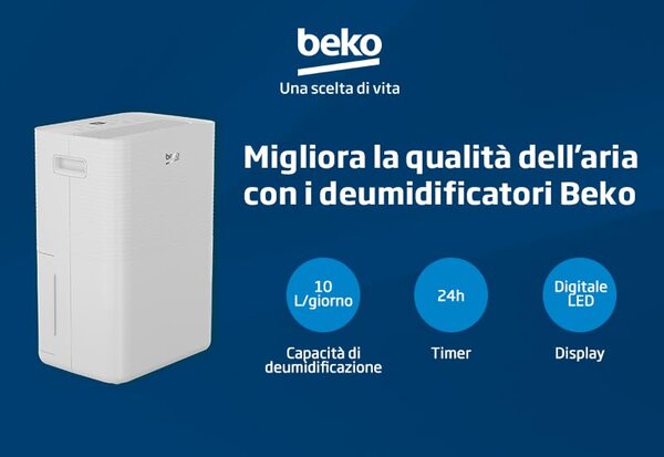 Beko Deumidificatore Portatile per la casa muffa 10 Litri/24 Ore Tanica 2 Litri Silenzioso Timer 12h colore Bianco - BDPO010