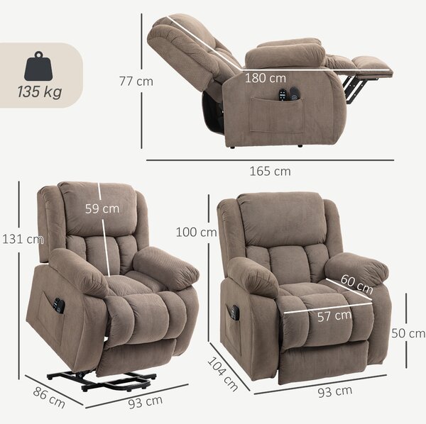 HOMCOM Poltrona Moderno Imbottita Alzapersona con 2 Tasche e Telecomando, poggiapiedi e riscaldamento, 93x104x105 cm, Marrone | Aosom Italy