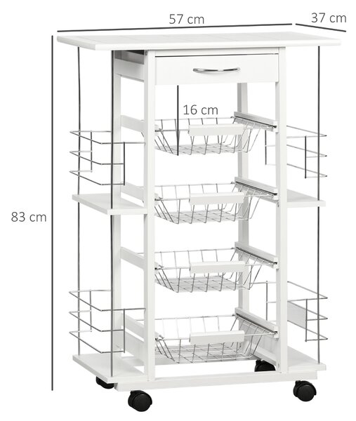 HOMCOM Carrello da Cucina con Cassetto, 4 Cesti e 4 Ripiani, in Metallo, Ceramica e Legno, 57x37x83 cm, Bianco