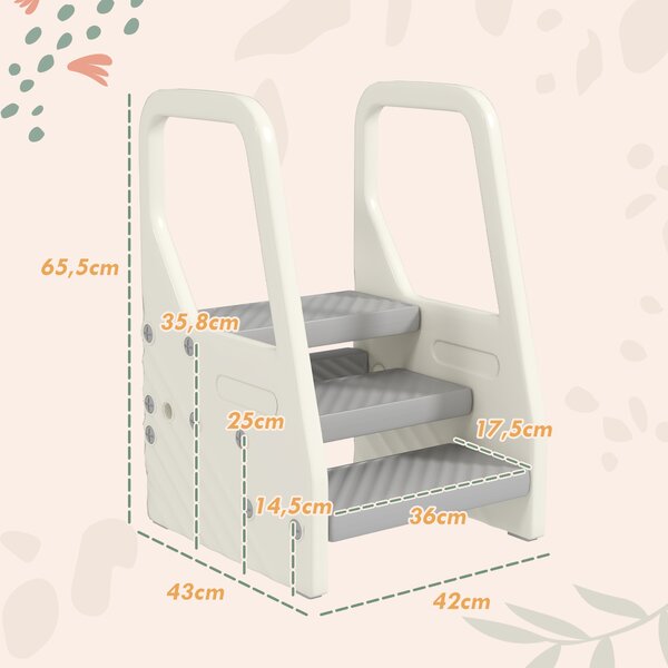 AIYAPLAY Scala Montessori per Bambini 2-5 Anni a 3 Gradini con L'altezza regolabile in HDPE, 43x42x65.5 cm, Grigio e Bianco Crema|Aosom Italy
