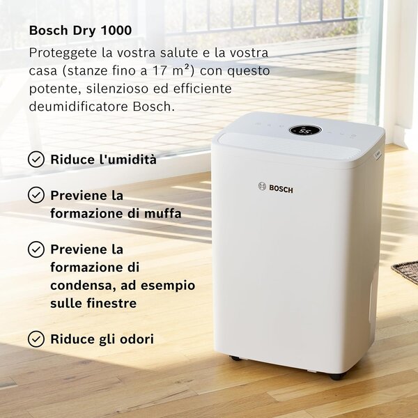 Bosch Deumidificatore Portatile per la casa muffa 10 Litri in 24 Ore Tanica 2.5 Litri con Filtro HEPA 2 in 1 colore Bianco - DRY1000