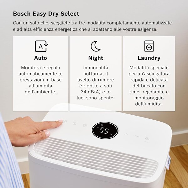 Bosch Deumidificatore Portatile per la casa muffa 10 Litri in 24 Ore Tanica 2.5 Litri con Filtro HEPA 2 in 1 colore Bianco - DRY1000