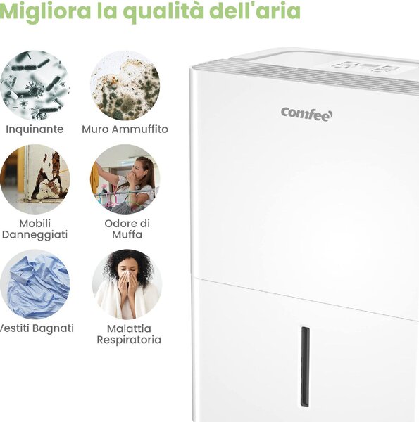 Comfee Deumidificatore Portatile per la casa muffa 12 Litri in 24 Ore Tanica 2 Litri - CF-DEHU-12