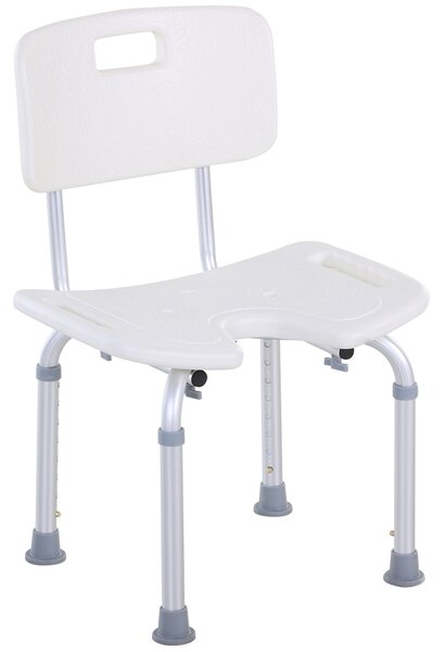 HOMCOM Sedia Doccia Regolabile su 8 Livelli con Fori di Drenaggio, in Alluminio e PE, 48x42x71-83.5 cm, Bianco e Argento