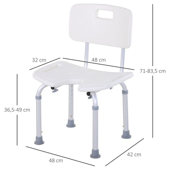 HOMCOM Sedia Doccia Regolabile su 8 Livelli con Fori di Drenaggio, in Alluminio e PE, 48x42x71-83.5 cm, Bianco e Argento