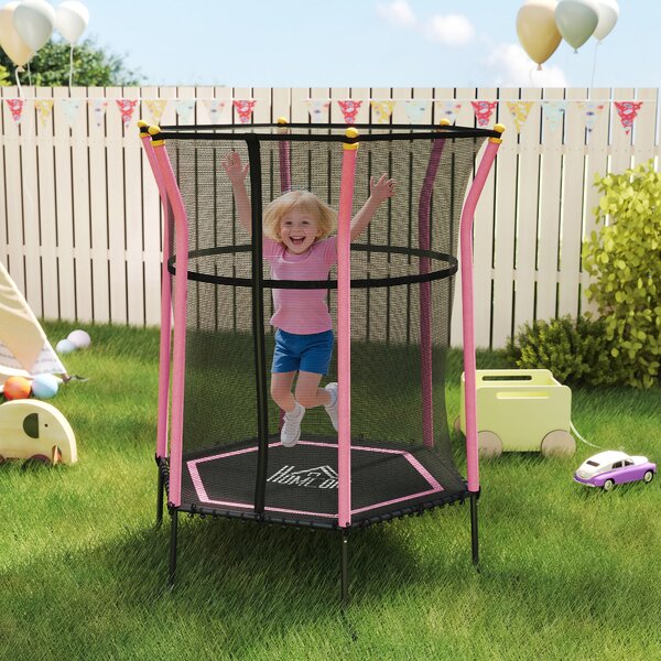 HOMCOM Tappeto Elastico per Bambini con Ingresso a Cerniera e Pali Imbottiti, in Acciaio, PP e EPE, Ø163.5x190 cm, Rosa