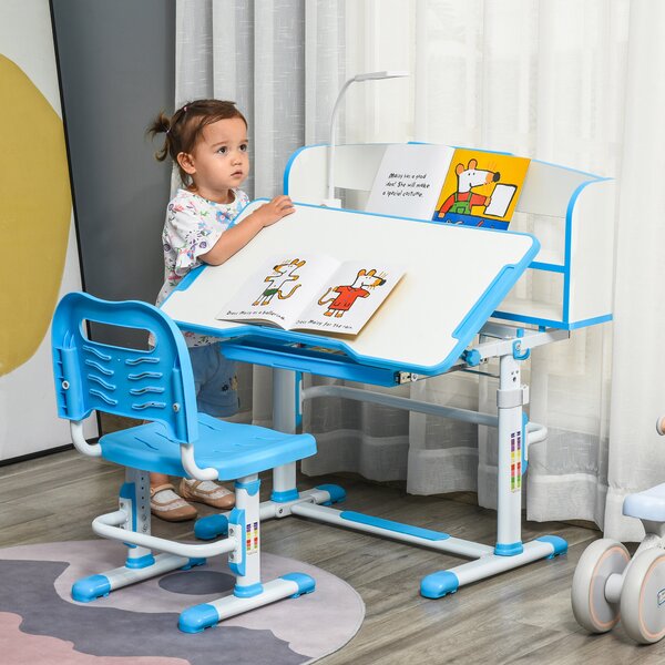HOMCOM Banco Scuola per Bambini 6-12 Anni Regolabile con Luce LED, Leggio e Portapenne, in MDF, PP e Acciaio, Azzurro