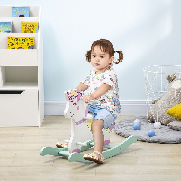 AIYAPLAY Cavallo a Dondolo per Bambini 1-3 Anni con Maniglie, Schienale e Pedali in MDF, 68L x 27P x 47.5A cm, Blu Rosa Bianco|Aosom