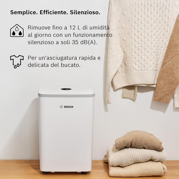 Bosch Deumidificatore Portatile per la casa muffa 12 Litri in 24 Ore Tanica 2.5 Litri con Filtro HEPA 2 in 1 colore Bianco - DRY2000