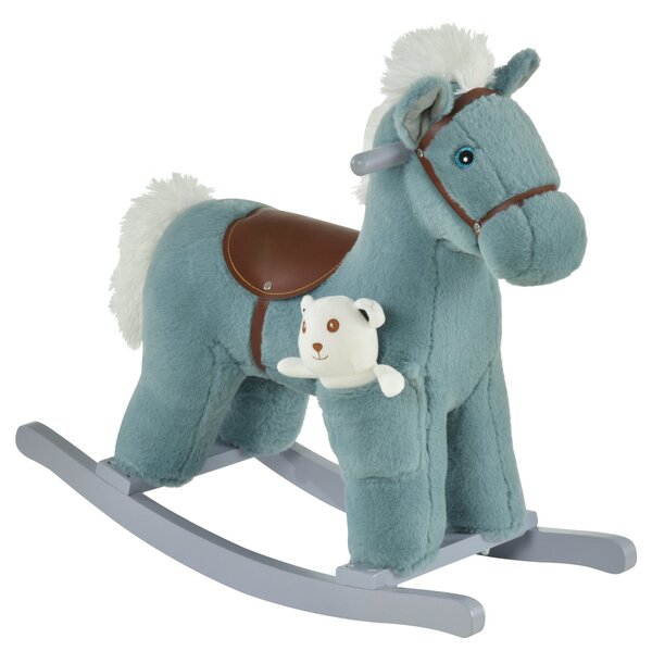 HOMCOM Cavallo a Dondolo in Peluche e Legno con Suoni e Orsetto Incluso, per Bimbi da 18-36 Mesi, 65x26x55cm, Blu|Aosom
