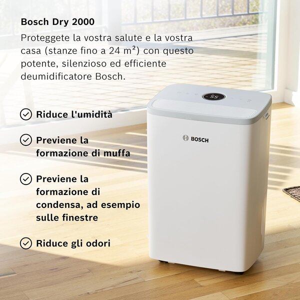 Bosch Deumidificatore Portatile per la casa muffa 12 Litri in 24 Ore Tanica 2.5 Litri con Filtro HEPA 2 in 1 colore Bianco - DRY2000