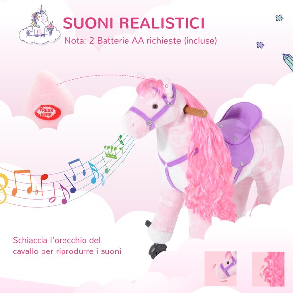 HOMCOM Cavallo a Dondolo per Bambini 3+ Anni con 4 Rotelle, Suoni Realistici e Poggiapiedi, 65x28x75 cm, Rosa|Aosom