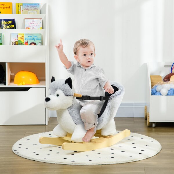HOMCOM Cavallo a Dondolo morbido con pedali e Suoni, cintura di sicurezza inclusa, Husky Peluche Grigio per Bambini 18-36 Mesi, 60x33x50cm|Aosom italy