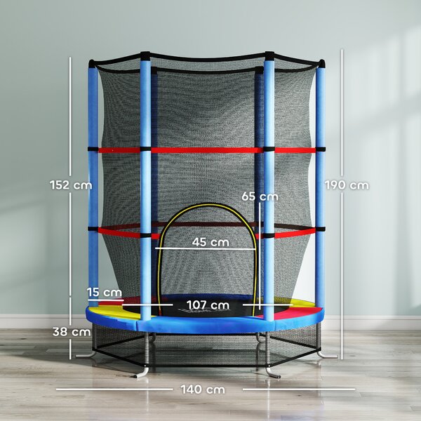 HOMCOM Tappeto Elastico per Bambini 3-6 Anni con Rete di Protezione, 6 Colonne e 3 Ingressi, Ø140x190 cm, Multicolore