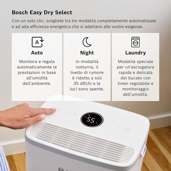 Bosch Deumidificatore Portatile per la casa muffa 12 Litri in 24 Ore Tanica 2.5 Litri con Filtro HEPA 2 in 1 colore Bianco - DRY2000