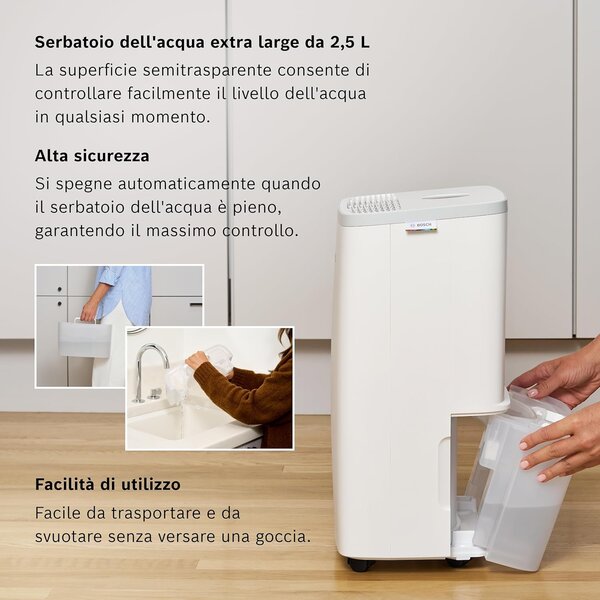 Bosch Deumidificatore Portatile per la casa muffa 12 Litri in 24 Ore Tanica 2.5 Litri con Filtro HEPA 2 in 1 colore Bianco - DRY2000