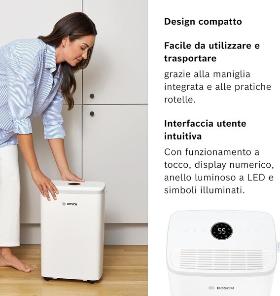 Bosch Deumidificatore Portatile per la casa muffa 12 Litri in 24 Ore Tanica 2.5 Litri con Filtro HEPA 2 in 1 colore Bianco - DRY2000