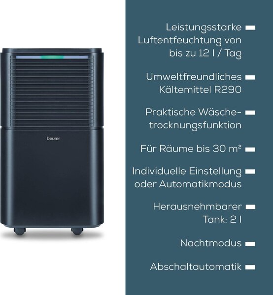 Beurer Deumidificatore Portatile per la casa muffa 12 Litri in 24 Ore Tanica 2 Litri con Timer colore Nero - LE 150