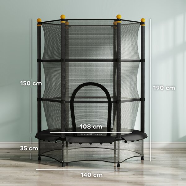 HOMCOM Tappeto Elastico per Bambini con Rete di Sicurezza e Pali Imbottiti Età 3-10 Anni, Ø140 x 190 cm, Nero