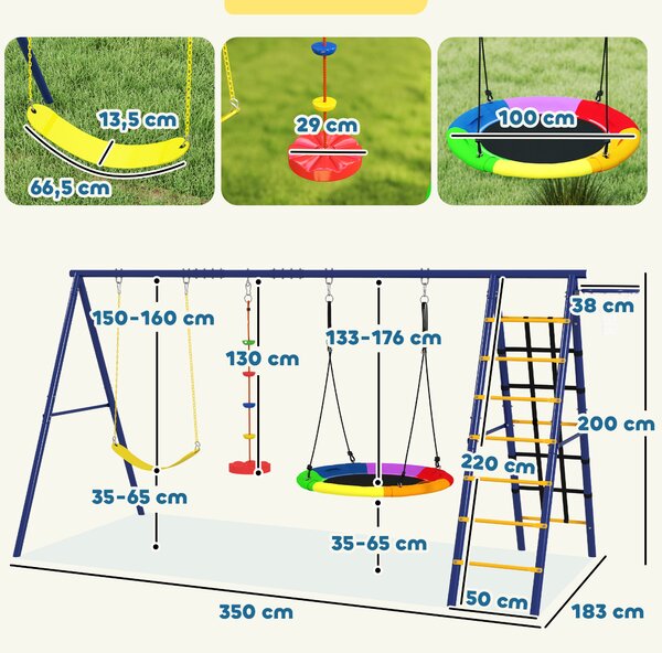 AIYAPLAY Gioco per Bambini 3-8 Anni con 3 Altalene, Scala a Corda e Canestro Basket, in Acciaio, PE e PP, 3.5x1.8x2 m